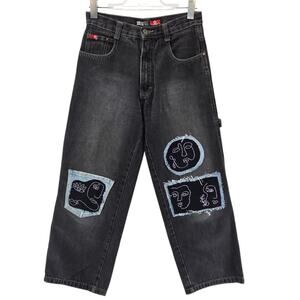 Vintage Y2K South Pole Baggy Carpenter Jeans 28x26 Black Patches Unique Art Wear